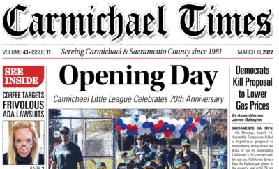Carmichael Times masthead above youth baseball photo