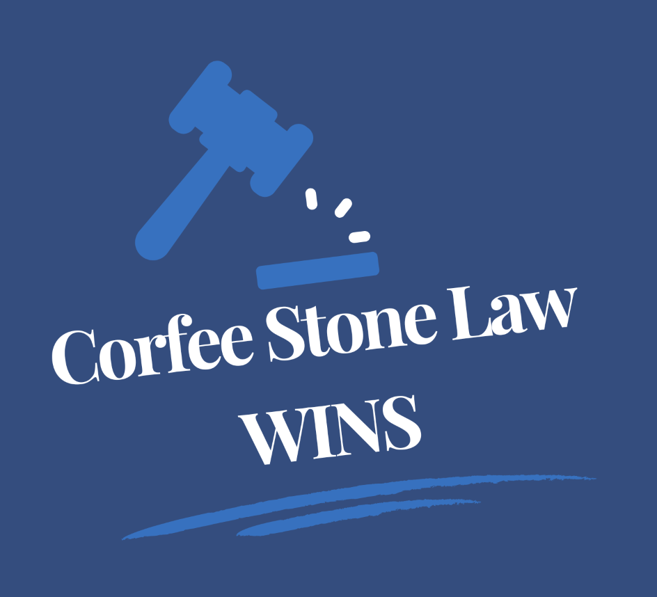 Corfee Stone Law Wins written on a blue background
