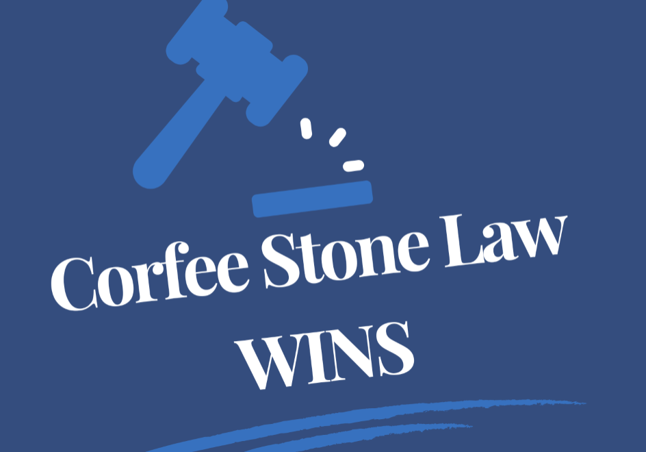 Corfee Stone Law Wins written on a blue background